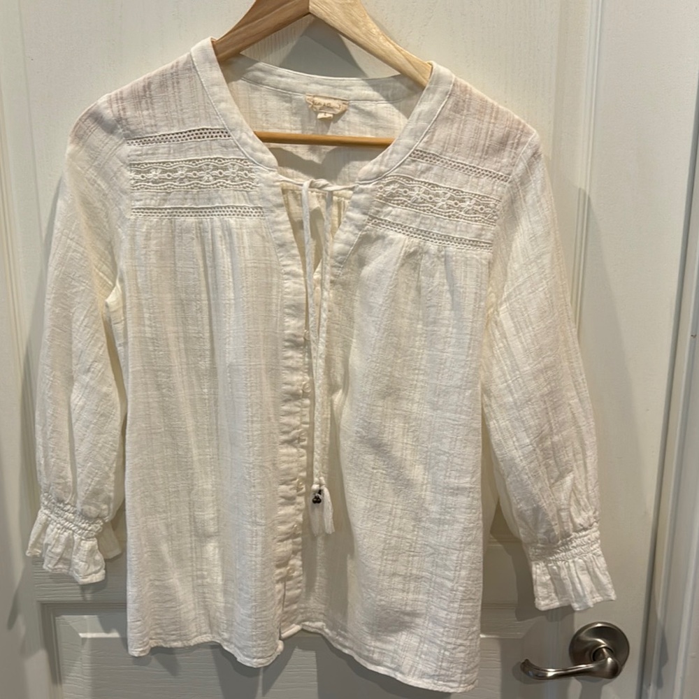 Hem & Thread Cream Blouse with Smocked Ruffles and Mandarin Collar